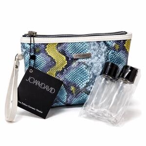 NWT Joan & David Snake Print Cosmetics Wristlet Makeup Bag Blue Travel + Bottles